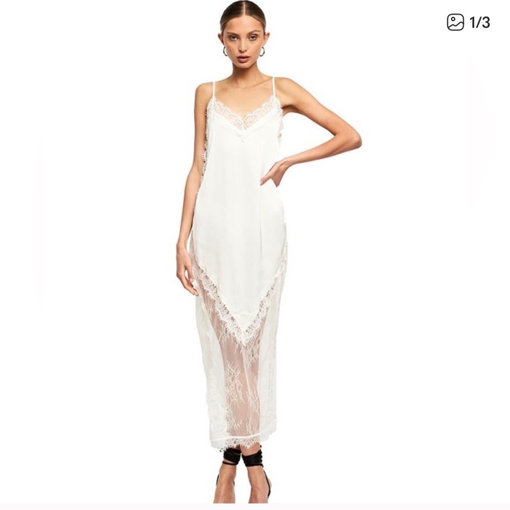 LIONESS WHITE SILK SLIP LACE MAXI DRESS